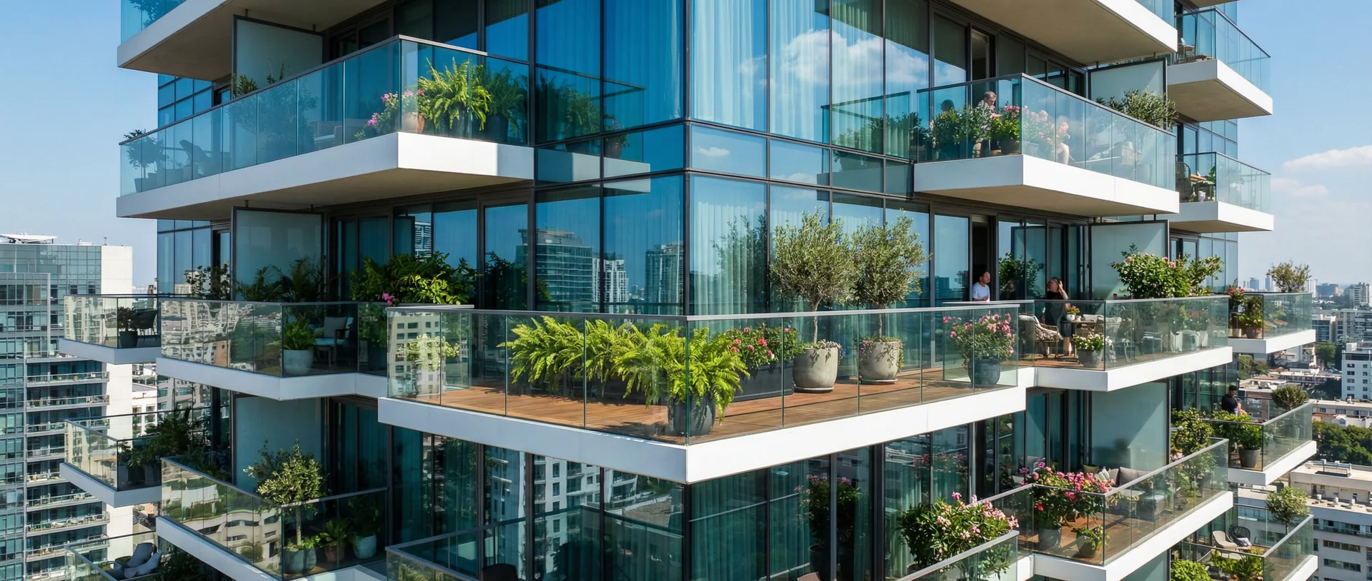 Cantilevered Glass Balcony Garden Terraces with Lush Vegetation